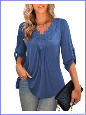 Plus Size Tunic Top 3/4 Roll Sleeve Lace Crochet V Neck Casual Blouse